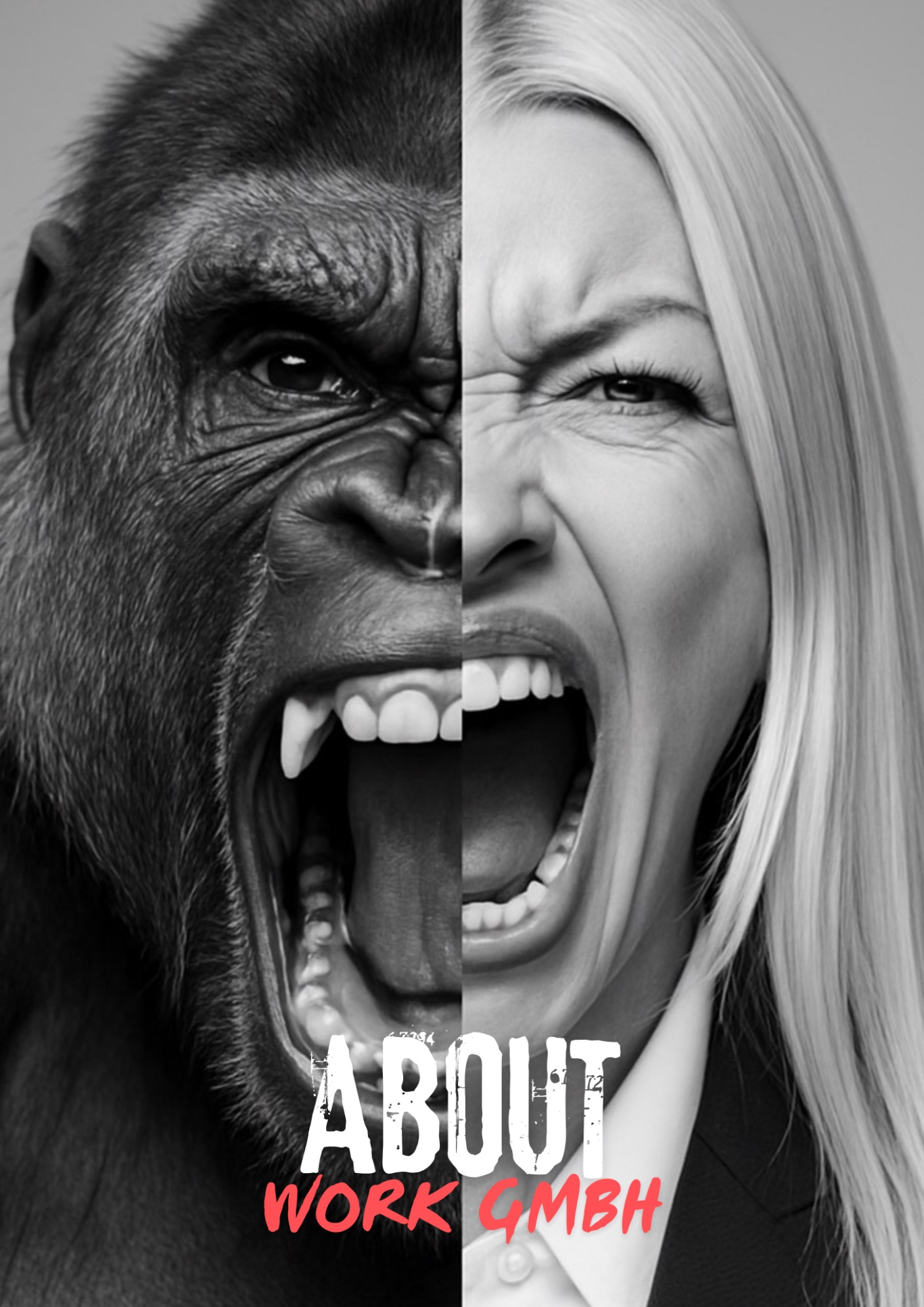Weckt das HR-Chaos in der deiner HR-Abteilung das Tier in dir? „Künstlerisches Split-Bild: linke Hälfte wütender Gorilla, rechte Hälfte schreiende Businessfrau – Visual für HR-Chaos und Stressmanagement.