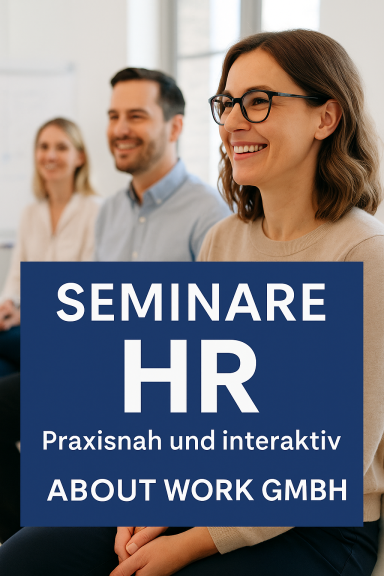 HR Seminare praxisnah und interaktiv About Work GmbH Zwei Personen im Hintergrund und eine Frau mit Brille im Vordergrund, Seminarankündigung.